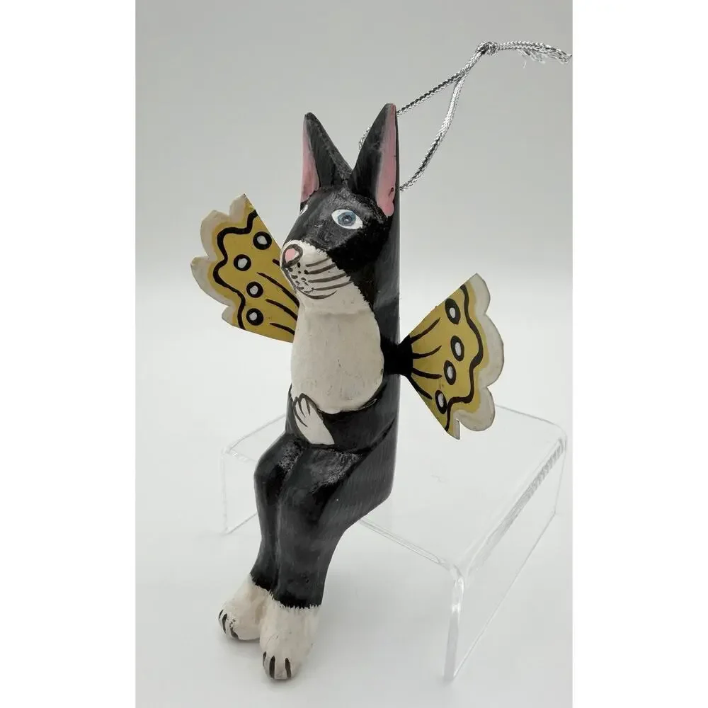 Wooden Hand Painted Angel Cat with Wings Shelf Sitter Ornament Figurine 5.5”